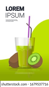 Vidrio de jugo kiwi fresco con paja y frutos cortados en trozos, copia vertical e ilustración vectorial