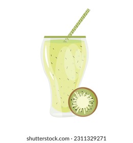 Glass of fresh kiwi smoothie on white background