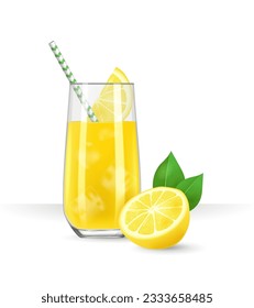 Glass of fresh lemon juice with ice and straw. Lemonade. There is a lemon next to it. Realistic vector isolated illustration