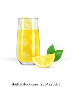 Un vaso de jugo de limón fresco con hielo y una rebanada de limón. Lemonada. Ilustración vectorial aislada realista