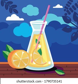 Glass of fresh lemon juice. Lemonade illustration. Cold tropical cocktail with ice and lemons on the table