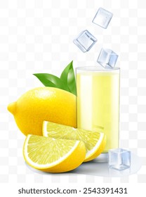 A glass of fresh lemonade with ice cubes. Juice or smoothie with lemon fruits isolated on transparent background. Realistic 3d vector illustration.