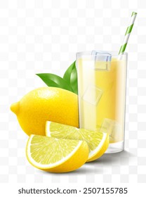 A glass of fresh lemonade or lemon smoothie with ice cubes falling into the glass. Cup of cocktail or lemon juice with lemon fruits, isolated on transparent background. Realistic 3d vector