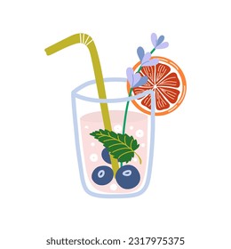 Vidrio de limonada fresca. Ropa anaranjada, bayas, menta y hierbas. Fizzy Bebé de verano. Ilustración vectorial dibujada a mano.