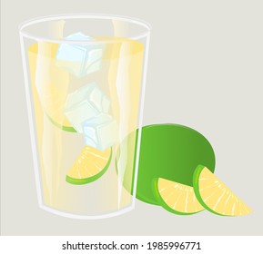 a glass of fresh lime drink with ice cube and slices of lime vector