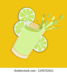 Glass of fresh lime juice paper art style. Fruit and vegetable drinks are good for your life. Vector illustration.