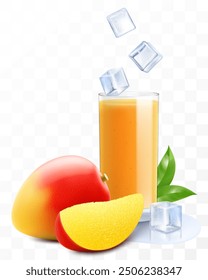 A glass of fresh mango fruit juice or smoothie with ice cubes falling into the glass. Cup of vitamin cocktail or yogurt with tasty mango, isolated on transparent background. Realistic 3d vector