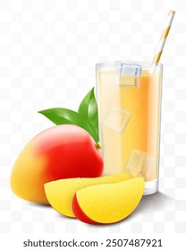 A glass of fresh mango fruit juice or smoothie with ice cubes falling into the glass. Cup of vitamin cocktail or yogurt with tasty mango, isolated on transparent background. Realistic 3d vector