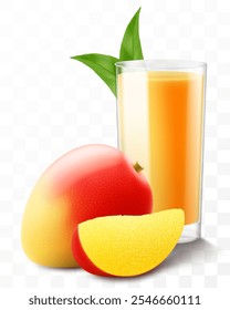 A glass of fresh mango fruit juice or smoothie with ice cubes falling into the glass. Cup of vitamin cocktail or yogurt with tasty mango, isolated on transparent background. Realistic 3d vector