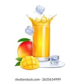 A glass of fresh mango fruit juice. Melted Ice cubes falling into the glass of mango smoothie.. Realistic 3d vector