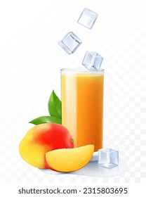 A glass of fresh mango juice or smoothie with ice cubes falling into the glass. Cup of cocktail or yogurt with ripe mango, isolated on transparent background. Realistic 3d vector