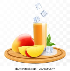 A glass of fresh mango juice or smoothie with ice cubes on a wooden tray isolated on transparent background. Whole and pieces of ripe mango on cutting board. Realistic 3d vector illustration