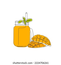 Glass of fresh mango juice, mango tropical fruit. Hand drawn vector illustration of fruit and juice in minimalist one line art style.
