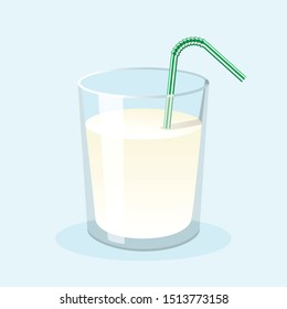 Glass of fresh milk with drinking straw. Vector illustration