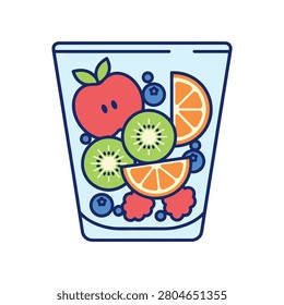 Glass of fresh mixed fruit salad illustration with nutrition blueberry raspberry refreshing vitamins vegetarian
