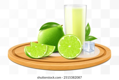 A glass of fresh mojito or lemonade with ice cubes. Cup of Juice or smoothie with lime fruits on cutting board isolated on transparent background. Realistic 3d vector illustration