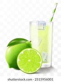 A glass of fresh mojito or lemonade with ice cubes and a straw. juice or smoothie with lime fruits isolated on transparent background. Realistic 3d vector illustration.