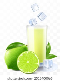 A glass of fresh mojito or lemonade with ice cubes and a straw. juice or smoothie with lime fruits isolated on transparent background. Realistic 3d vector illustration.