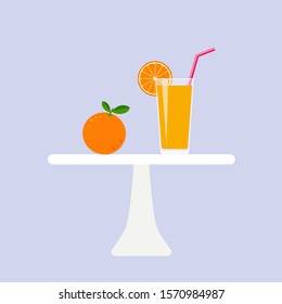 Glass of fresh orange juice and orange fruit on table. Vector flat illustration isolated on purple background