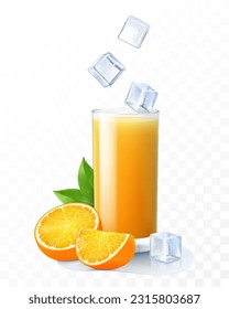 A glass of fresh orange juice with ice cubes falling into the glass. Cup of citrus smoothies with ripe orange, isolated on transparent background. Realistic 3d vector