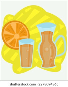 A glass of fresh orange juice and a jug with a drink, and a slice of orange. This illustration can be used as a logotype for juice companies, cafes and tropical bars. Vector, isolated.