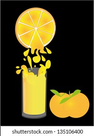 Glass of fresh orange juice on black background with oranges, vector illustration