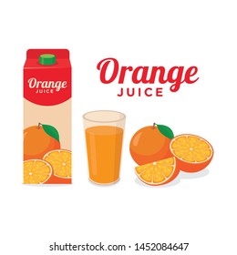 A glass of fresh orange juice and orange juice packaging vector illustration 