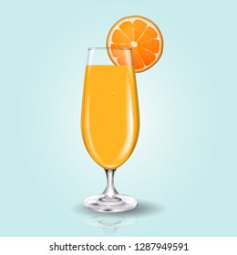 Glass of Fresh orange juice with realisitc orange slice. Citrus natural fruit drink. Illustration of drinks, fruit juice, orange fresh, healthy lifestyle. Symbol of healthy breakfast. Realistic style