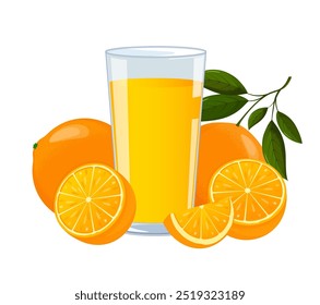 Glass of fresh orange juice with ripe oranges around