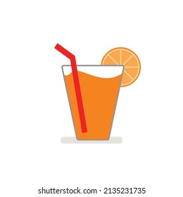 Glass of fresh orange juice with slice and tube for drinking. 