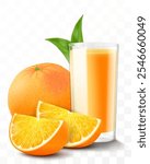 A glass of fresh orange juice or smoothie. Cup of cocktail or yogurt with orange fruits, isolated on transparent background. Realistic 3d vector illustration