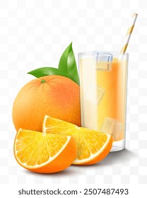 A glass of fresh orange juice or smoothie with ice cubes falling into the glass. Cup of cocktail or yogurt with orange fruits, isolated on transparent background. Realistic 3d vector