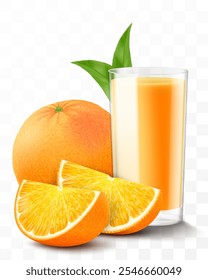 Um copo de suco de laranja fresco ou smoothie. Xícara de coquetel ou iogurte com frutas alaranjadas, isoladas sobre fundo transparente. Ilustração realista do vetor 3d