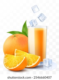 A glass of fresh orange juice or smoothie with ice cubes falling into the glass. Cup of cocktail or yogurt with orange fruits, isolated on transparent background. Realistic 3d vector illustration