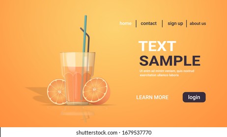 glass of fresh orange juice with straw and cut in half fruit copy space horizontal vector illustration