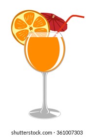 A glass of fresh orange juice, umbrella and drinking straw