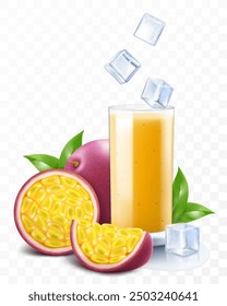 A glass of fresh passion fruit juice with passion fruit and ice cubes. Cup of cocktail or smoothie with ripe exotic passion fruit, isolated on transparent background. Realistic 3d vector illustration