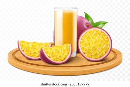 A glass of fresh passion fruit juice or smoothie with passion fruit on a wooden tray isolated on transparent background. Whole and pieces of ripe passion fruit on cutting board. Realistic 3d vector