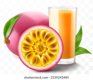 A glass of fresh passion fruit juice with passion fruits. Cup of cocktail or smoothie with ripe exotic passion fruit and leaves , isolated on transparent background. Realistic 3d vector illustration