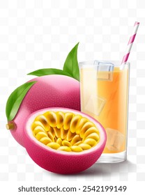 A glass of fresh passion fruit juice or smoothie with ice cubes and straw. Cup of cocktail or yogurt with ripe sweet passiflora edulis fruits, isolated on transparent background. Realistic 3d vector