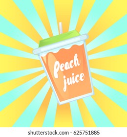 A glass of fresh peach juice in a glass bowl with a straw. Advertising of the product. Vector illustration.
