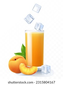 A glass of fresh peach juice or smoothie with ice cubes falling into the glass. Cup of cocktail or yogurt with ripe peach, isolated on transparent background. Realistic 3d vector