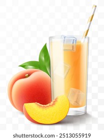 A glass of fresh peach juice or smoothie with ice cubes. Cup of cocktail or yogurt with ripe sweet peach fruits, isolated on transparent background. Realistic 3d vector