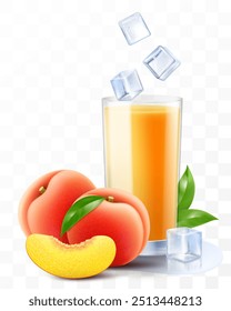 A glass of fresh peach juice or smoothie with ice cubes falling into the glass. Cup of cocktail or yogurt with ripe sweet peach fruits, isolated on transparent background. Realistic 3d vector