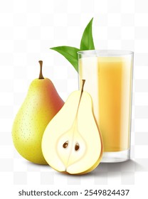 A glass of fresh pear juice or smoothie. Cup of cocktail or yogurt with sweet pear, isolated on transparent background. Realistic 3d vector illustration