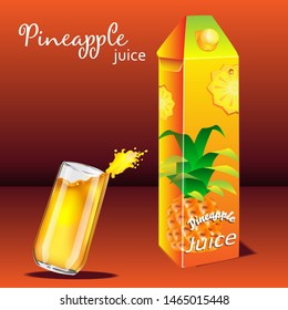 A glass of fresh pineapple juice and packaging of pineapple juice vector illustration