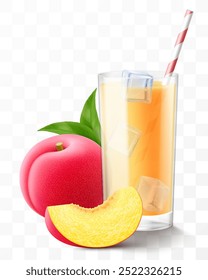 A glass of fresh plum juice or smoothie with ice cubes. Cup of cocktail or yogurt with ripe sweet plum fruits, isolated on transparent background. Realistic 3d vector