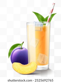 A glass of fresh plum juice or smoothie with ice cubes and straw. Cup of cocktail or yogurt with ripe purple plum fruits, isolated on transparent background. Realistic 3d vector