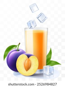 A glass of fresh plum juice or smoothie with ice cubes falling into the glass. Cup of cocktail or yogurt with ripe purple plum fruits, isolated on transparent background. Realistic 3d vector