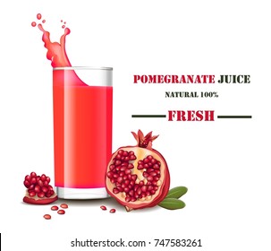 A glass of fresh pomegranate juice with splash Vector realistic illustrations mock up